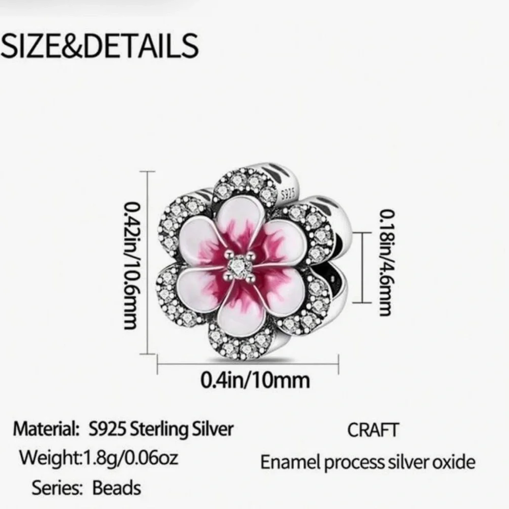 Sterling Silver 925 Pink Flower Charm with CZ Crystals